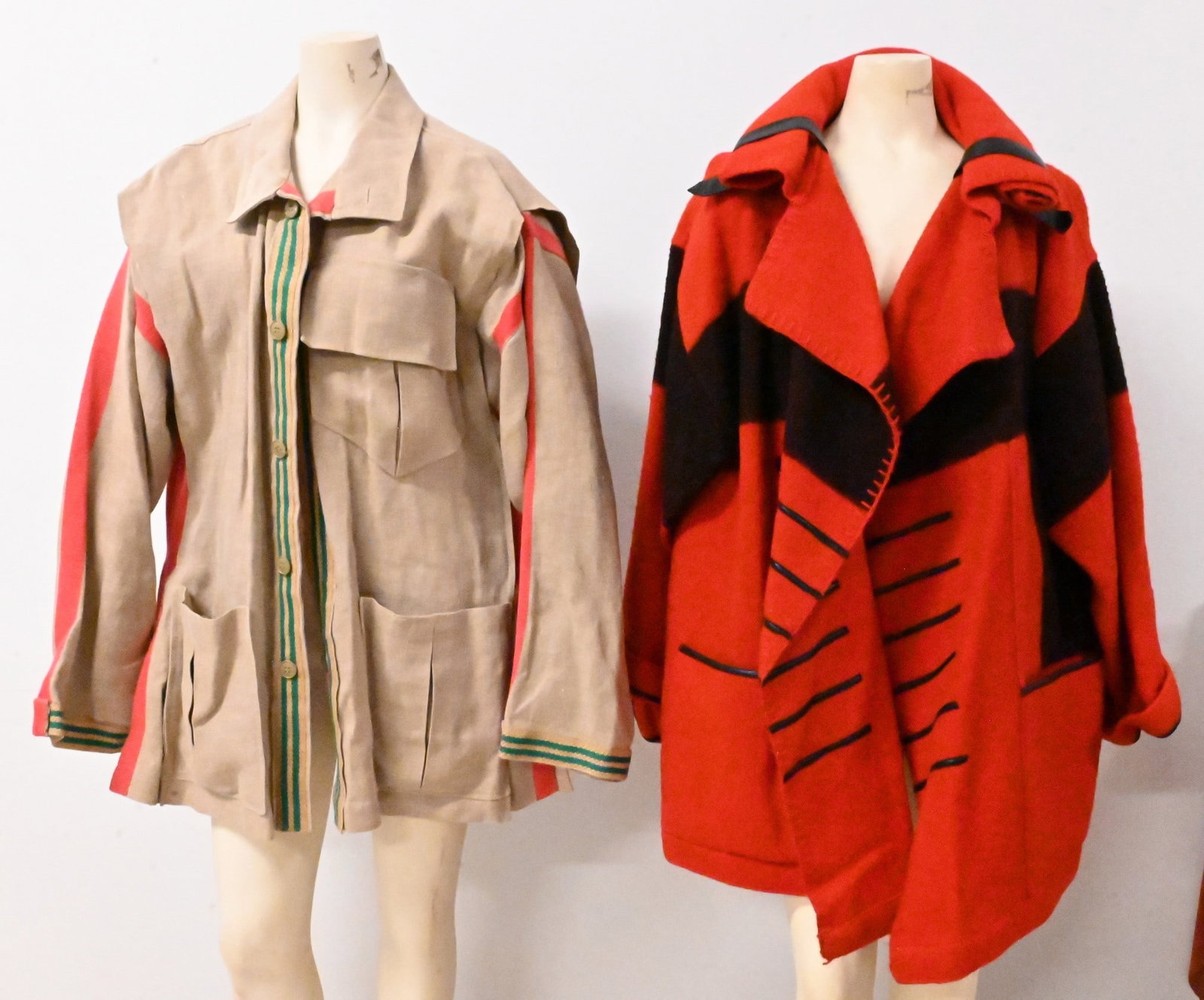 Pair of Jean Charles de Castelbajac Jackets: Pair of Jean Charles de Castelbajac Jackets having multiple different colors, materials, button closures on one and both have two large pockets on front, size 3