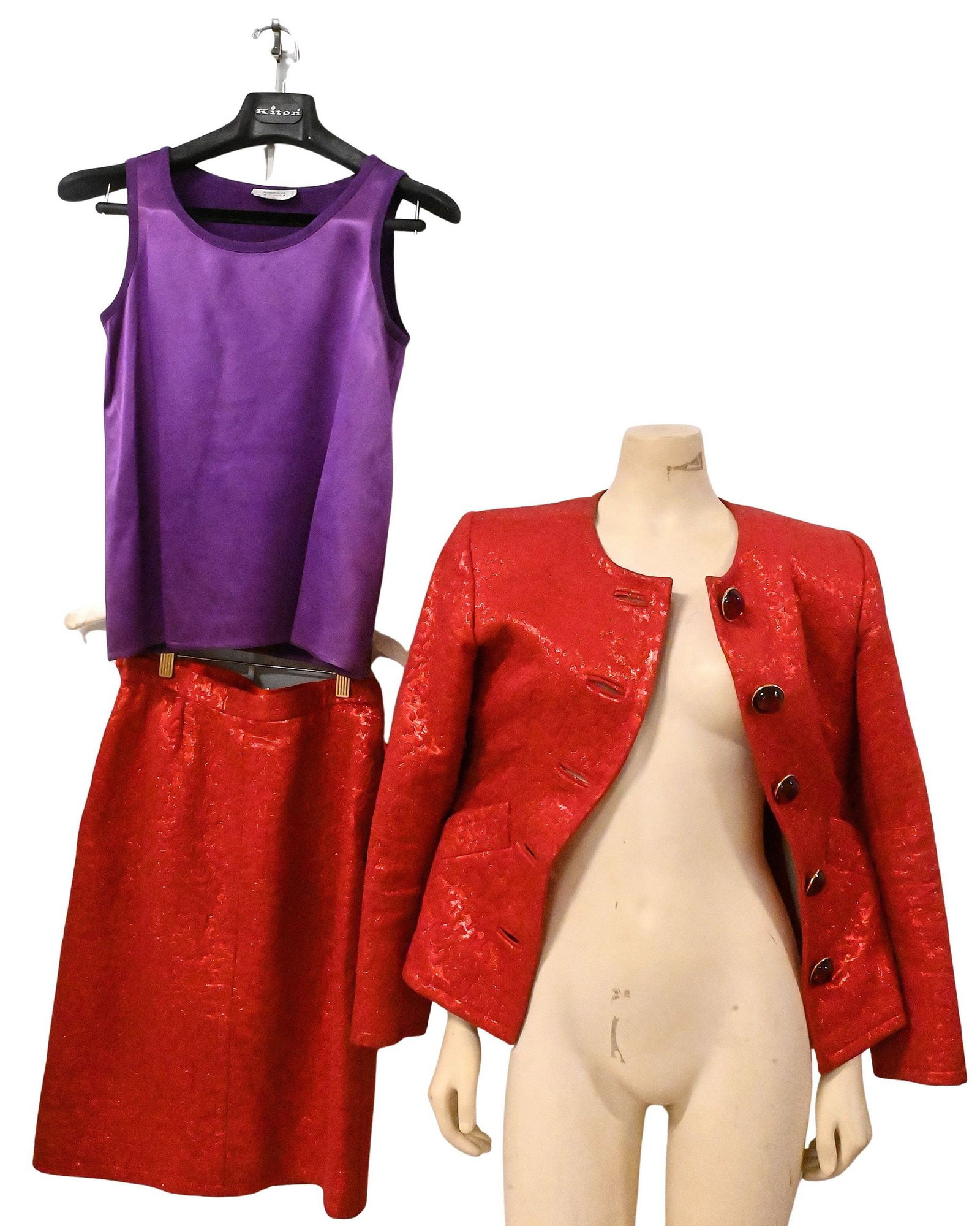 Yves Saint Laurent Rive Gauche Women's Jacket: Yves Saint Laurent Rive Gauche Women's Jacket to include matching skirt and purple top blazer having oversized jewel buttons size medium