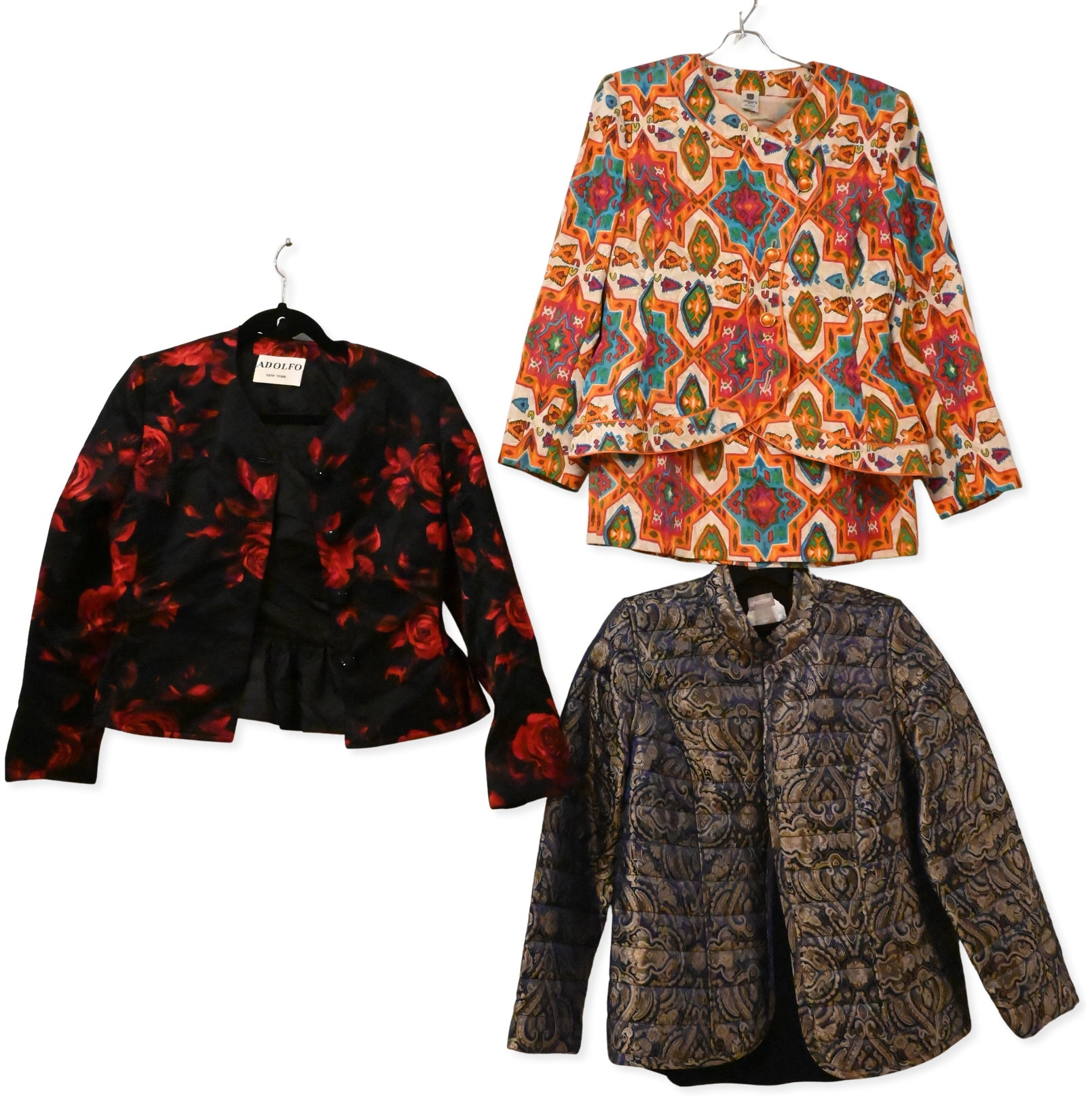 Three Contemporary Women's Jackets: Three Contemporary Women's Jackets to include Adolfo New York in rose pattern, Ungaro Parallele, jacket and skirt set, and blue embroidered Chicos jacket