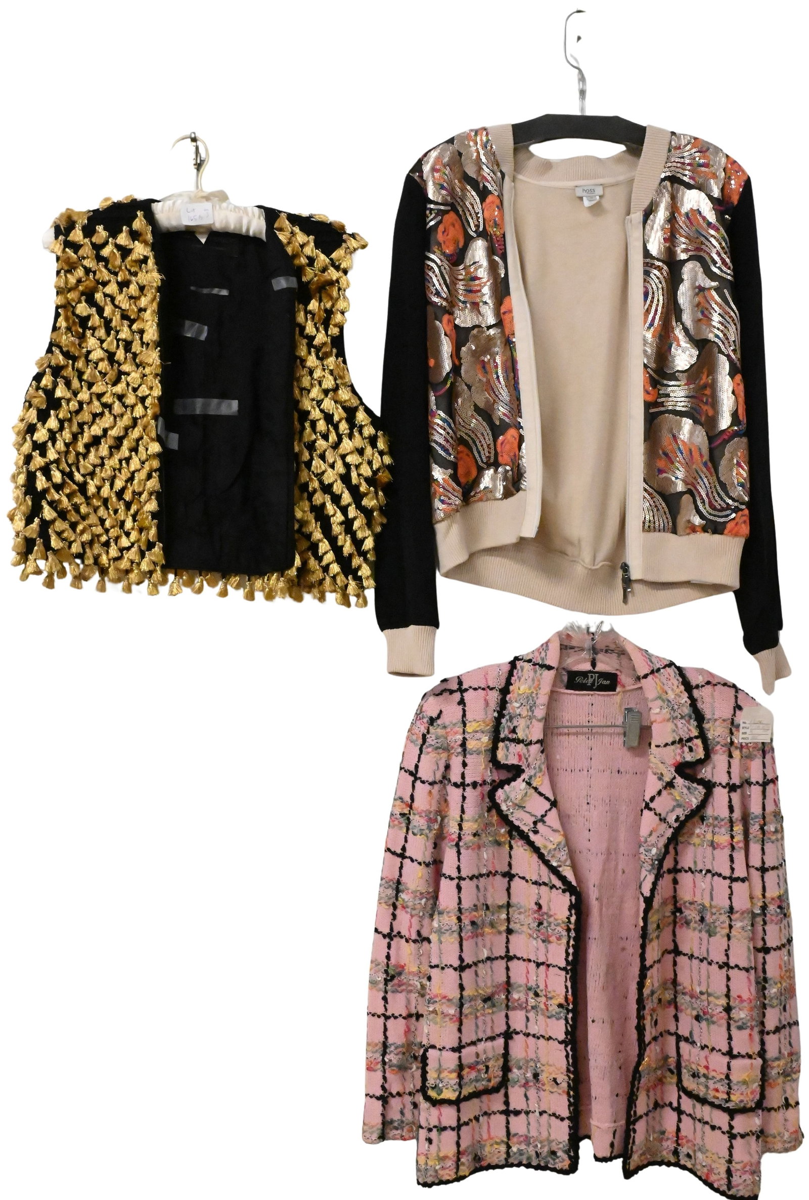 Three Piece Contemporary Women's Jackets: Three Piece Contemporary Women's Jackets to include pink Peter Jan multi colored sequin jacket by Hoss, and a gold tassel vest by Jackie Rogers