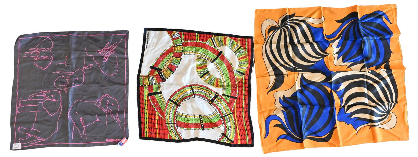 Group of Ten Designer Silk and Blend Scarves: Group of Ten Designer Silk and Blend Scarves to include Grès Paris depicting tassels and ornamental scrollwork; Alfred Sung depicting ornate keys; silk scarf depicting equestrian and figural moti