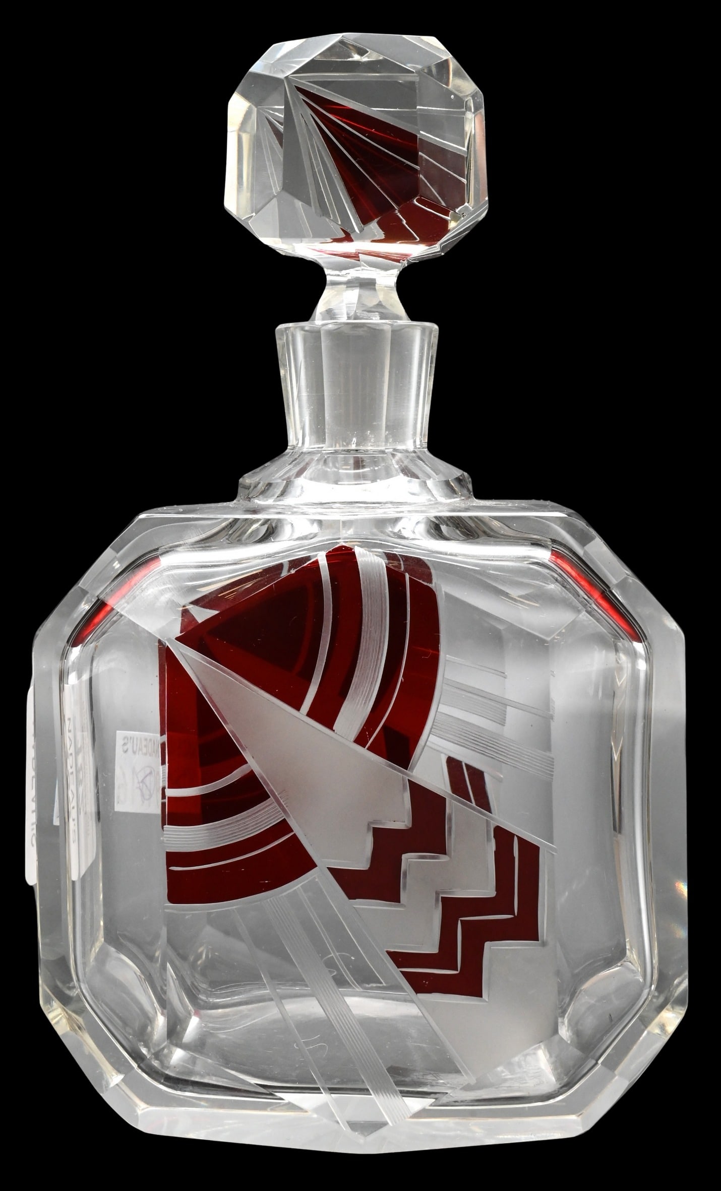Karl Palda (Czechoslovakian, 1888-1938) Art Deco Glass Decanter: Karl Palda (Czechoslovakian, 1888-1938) Art Deco Glass Decanter Cut and enameled glass decanter of angled faceted form decorated with red, black, and frosted geometric panels, retaining the original s