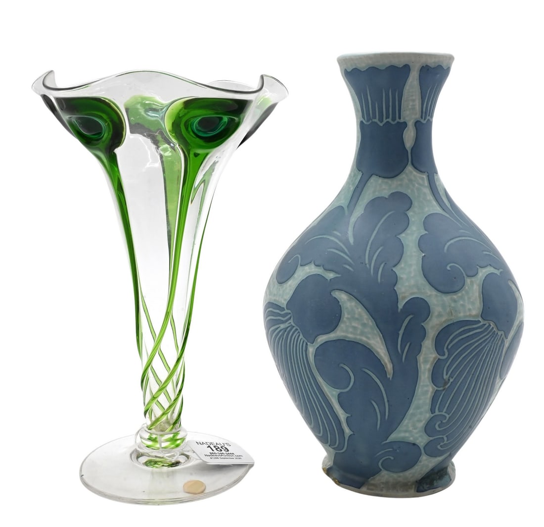 Two Art Glass and Pottery Vases: Two Art Glass and Pottery Vases to include a Stuart & Sons, Stourbridge, England, peacock green to clear art glass trumpet vase, circa 1900, having an applied foot height 9 1/4 inches Josef Ekberg