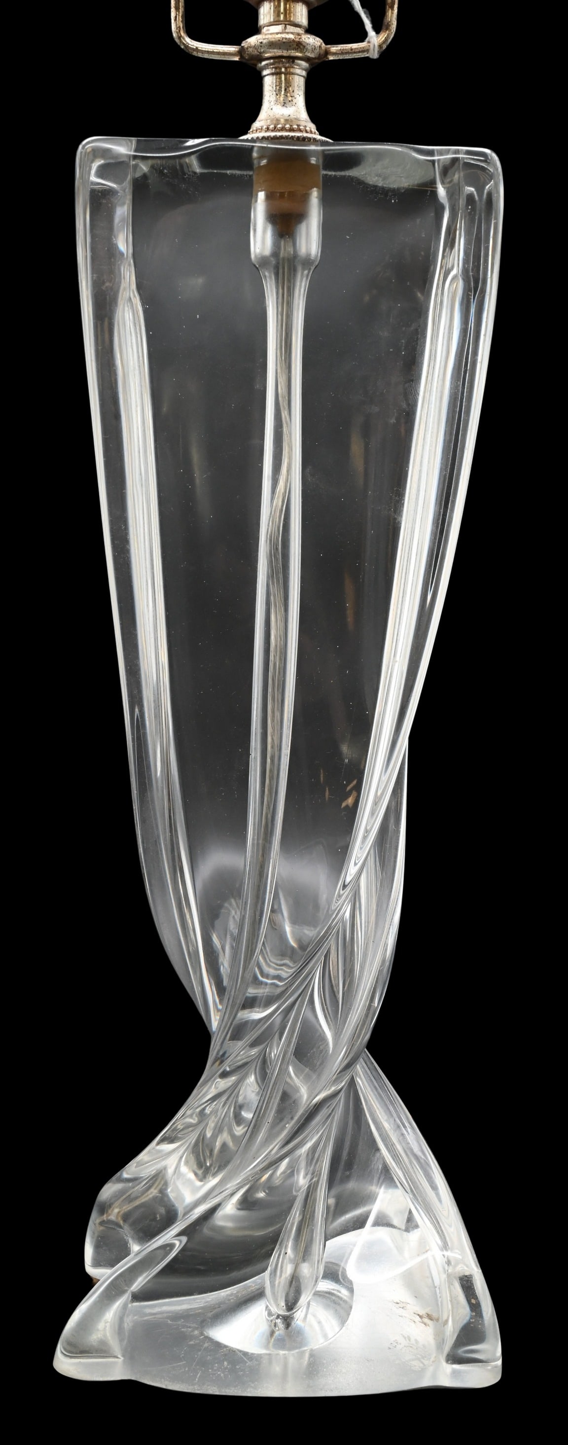 Mid-Century Sevres Crystal Twisted Glass Table Lamp: Mid-Century Sevres Crystal Twisted Glass Table Lamp clear crystal lamp base of twisted form, mounted as a table lamp, label marked to underside Glass height 14 inches, total height 29 inches