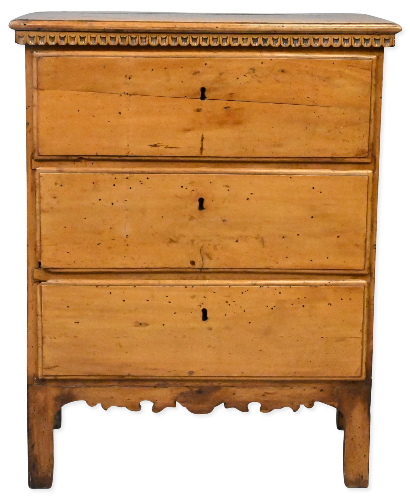 Continental Diminutive Chest: Continental Diminutive Chest having egg and dart molding over three drawers, 19th century height 36 1/2 inches, top 13 3/4" x 24"