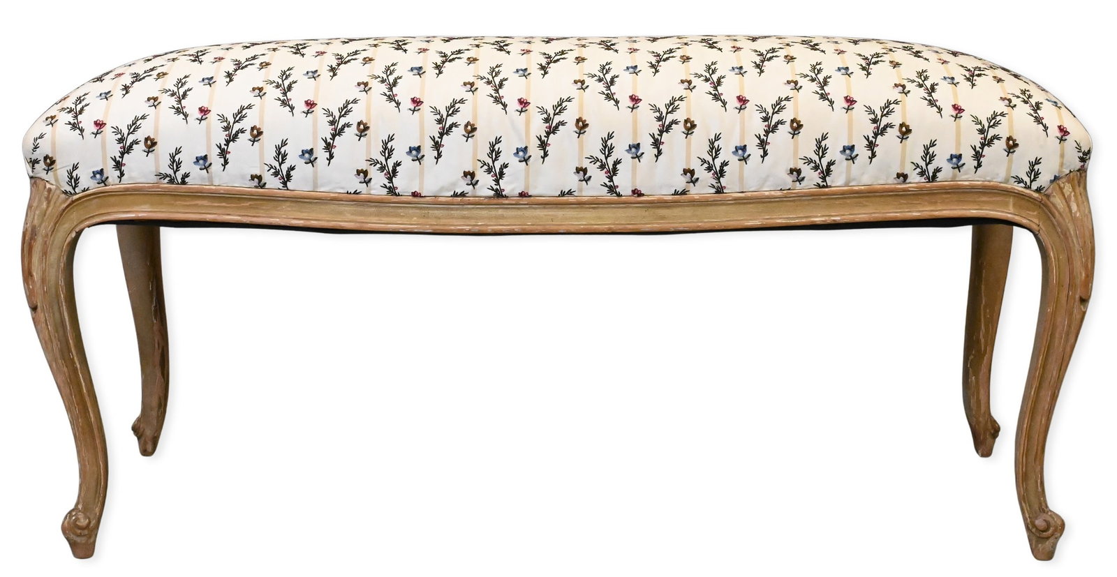 Louis XV Style Upholstered Bench: Louis XV Style Upholstered Bench having embroidered floral silk upholstery, raised cabriole legs height 19 inches, top 16" x 42"