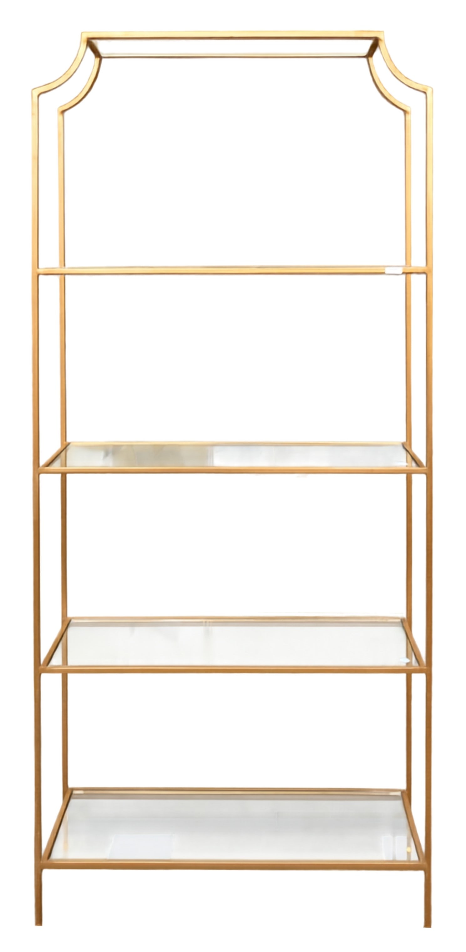 Hollywood Regency Style Gold Decorative Etagere / Open Bookcase: Hollywood Regency Style Gold Decorative Etagere / Open Bookcase having shaped top over four glass shelves height 82 1/4 inches, width 36 inches, depth 12 inches