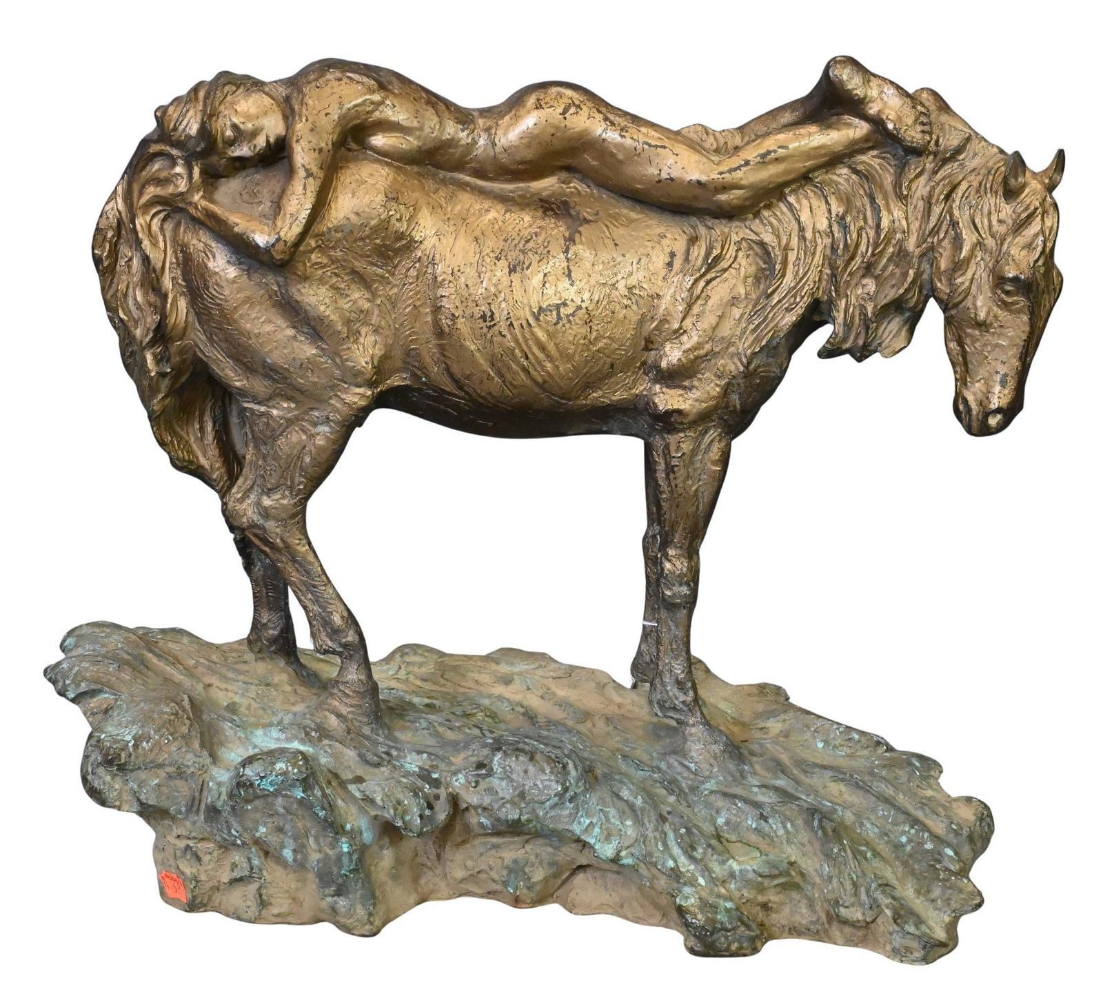 Michail Razvan Constantine (Romanian/American 20th/21st Century): Michail Razvan Constantine (Romanian/American 20th/21st Century) "Nilo and Lady", circa 1970 Patinated bronze of a nude woman lying on the back of a horse, raised on naturalistic platform Signed and