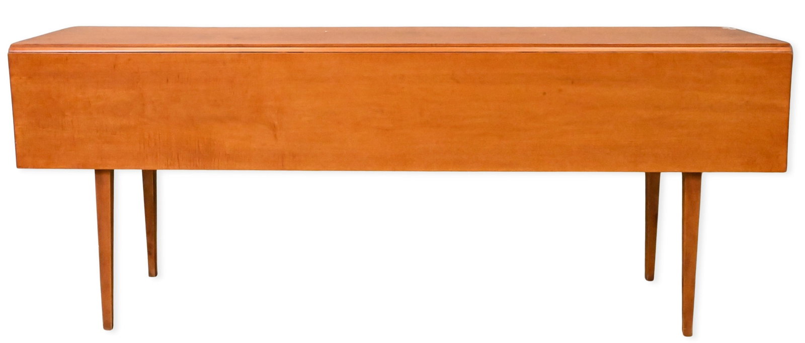 Eldred Wheeler Maple Harvest Table: Eldred Wheeler Maple Harvest Table having drop leaves and set on tall tapered legs, bearing Wheeler mark to underside height 29 inches, top 19" x 14", top open 42 1/2" x 74"
