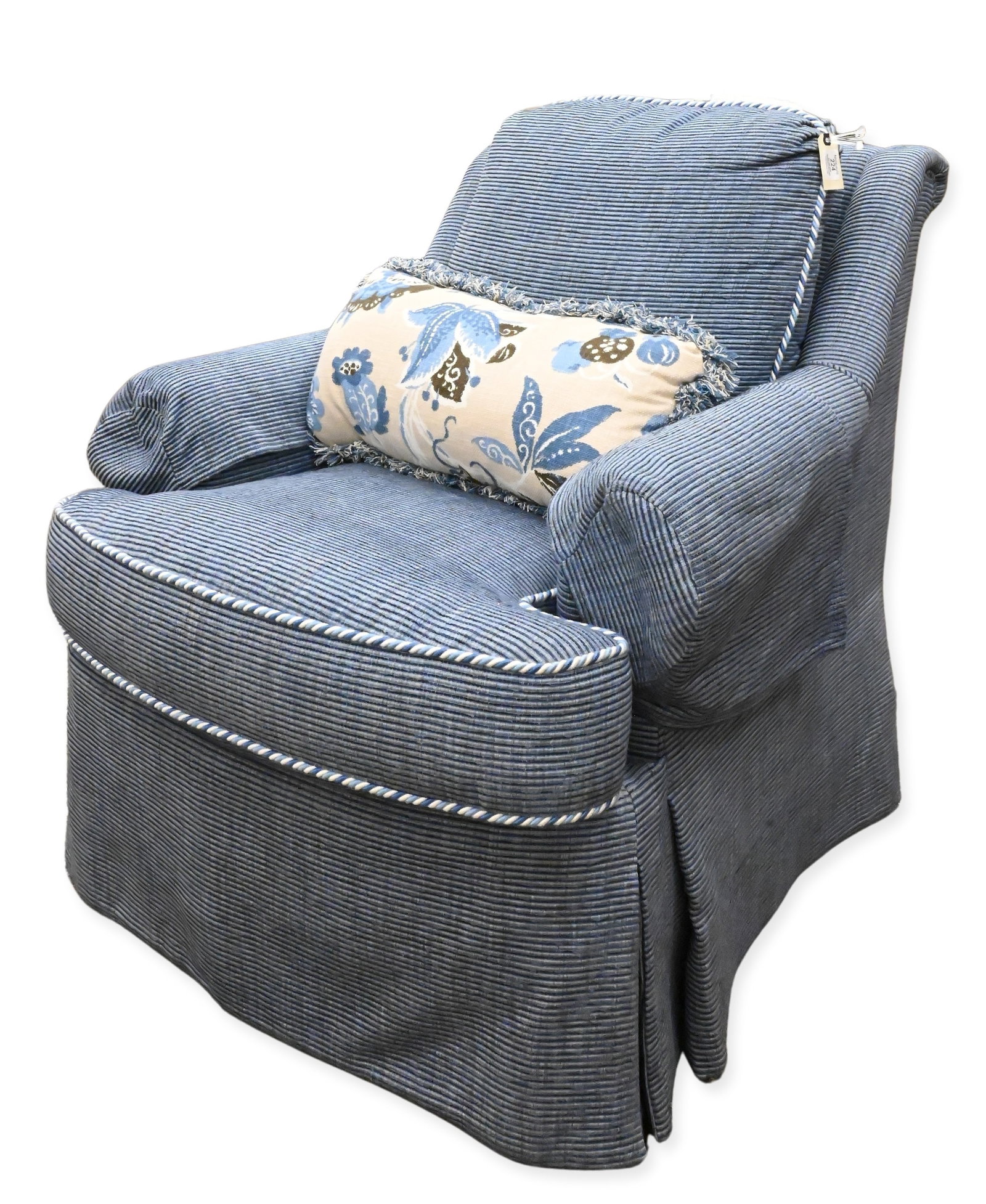 Stanford Furniture Corporation Custom Upholstered Club Chair: Stanford Furniture Corporation Custom Upholstered Club Chair having blue ribbed upholstery, padded rolled arms, boxed seat cushion, and rope twist trim, loose back cushion height 35 inches, width 37 i