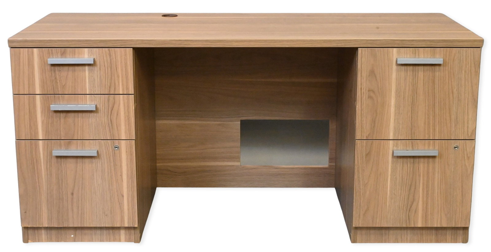 Modern Executive Desk: Modern Executive Desk having rectangular wood grain top, central cable grommet, dual pedestal base fitted for assorted filing drawers height 28 1/2 inches, top 24" x 60"