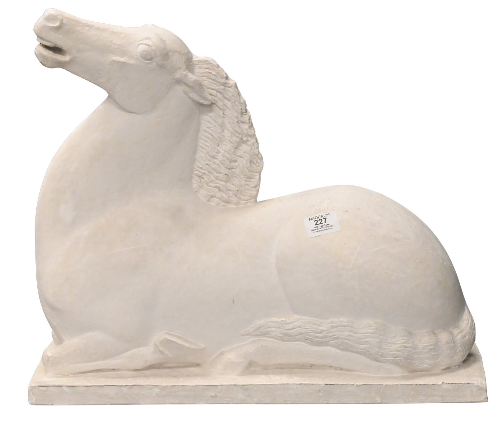 Classical Style Plaster Horse Sculpture: Classical Style Plaster Horse Sculpture Recumbent horse, finely modeled mane and tail, raised on a rectangular plinth base height 18 1/2 inches, base 6 1/2" x 20 1/2"