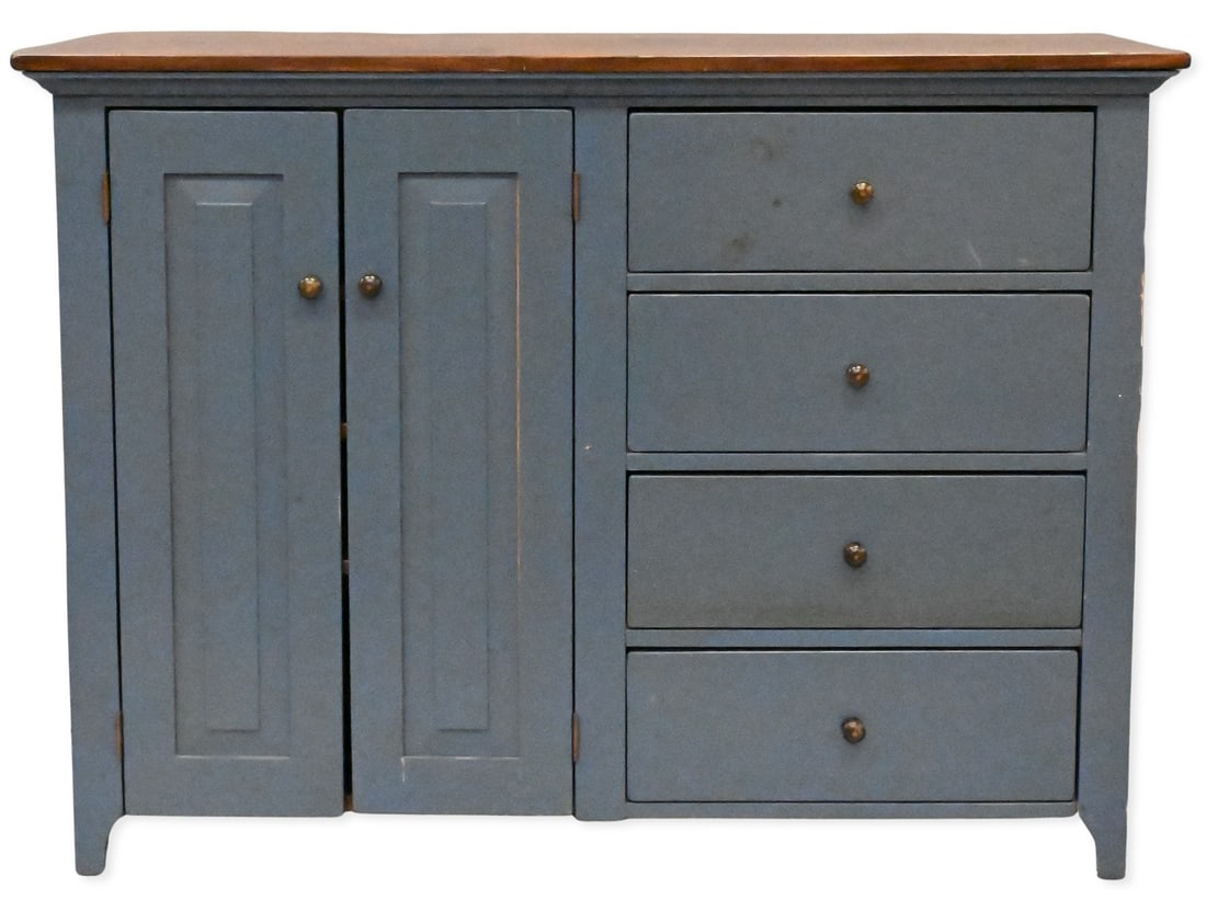Contemporary Country Server: Contemporary Country Server having rectangular wood top over two cabinet doors and four drawers, raised on a bracket base height 36 1/4 inches, top 20" x 49"