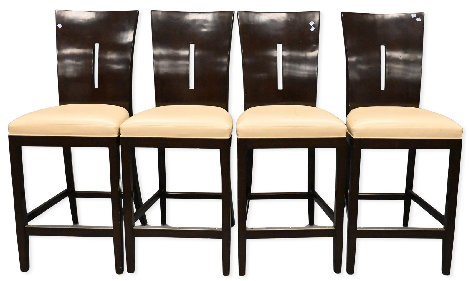 Four A. Rudin No 776 Bar Stools: Four A. Rudin No 776 Bar Stools with custom white leather-upholstered seats. retails for 2500 per stool height 45 inches, width 18 inches