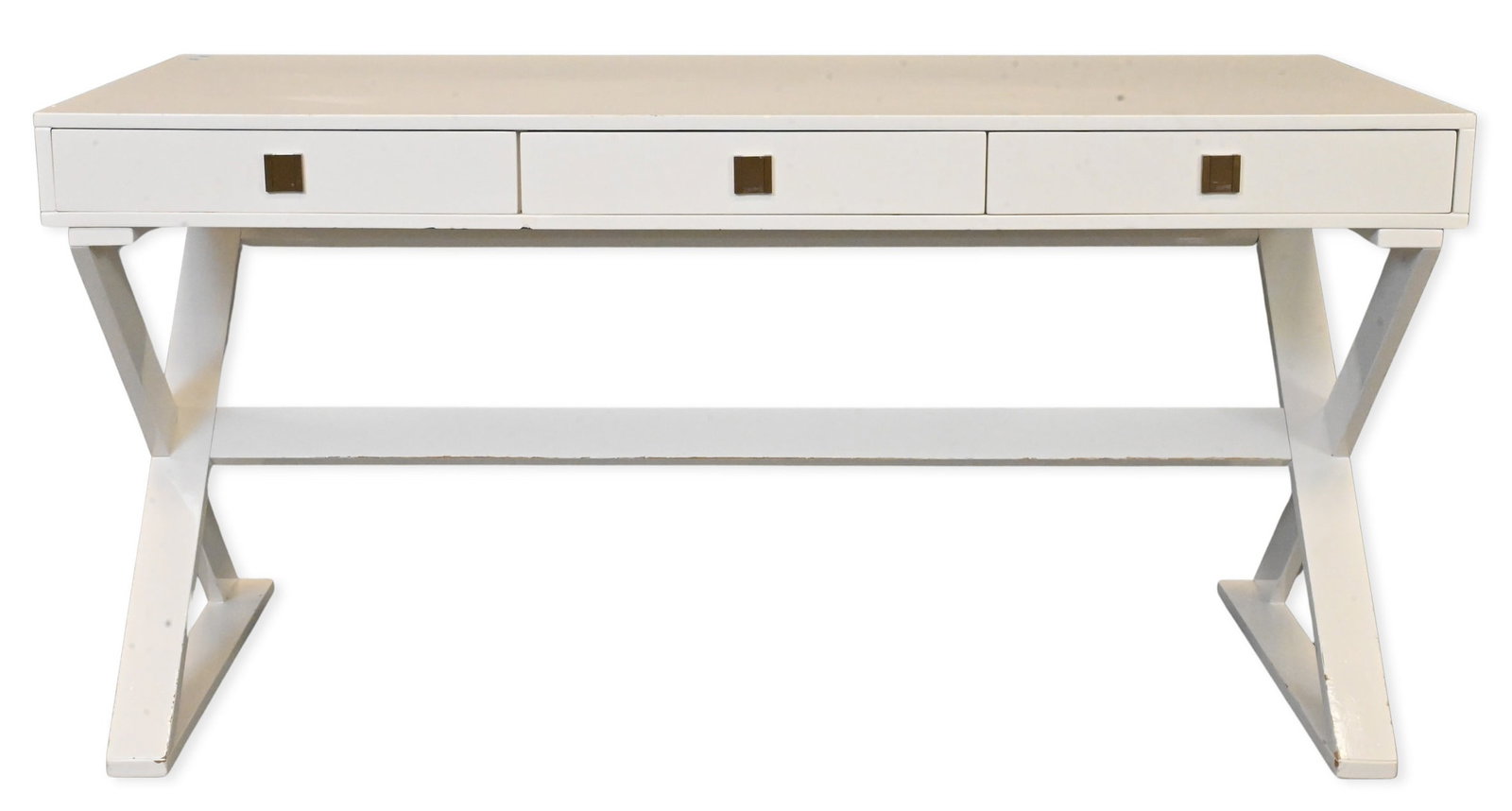 Sunpan's "Emilio Desk" Campaign Style: Sunpan's "Emilio Desk" Campaign Style having white lacquered finish, three drawers set on raised on x-base new price $1,474 height 29 inches, top 24" x 59"