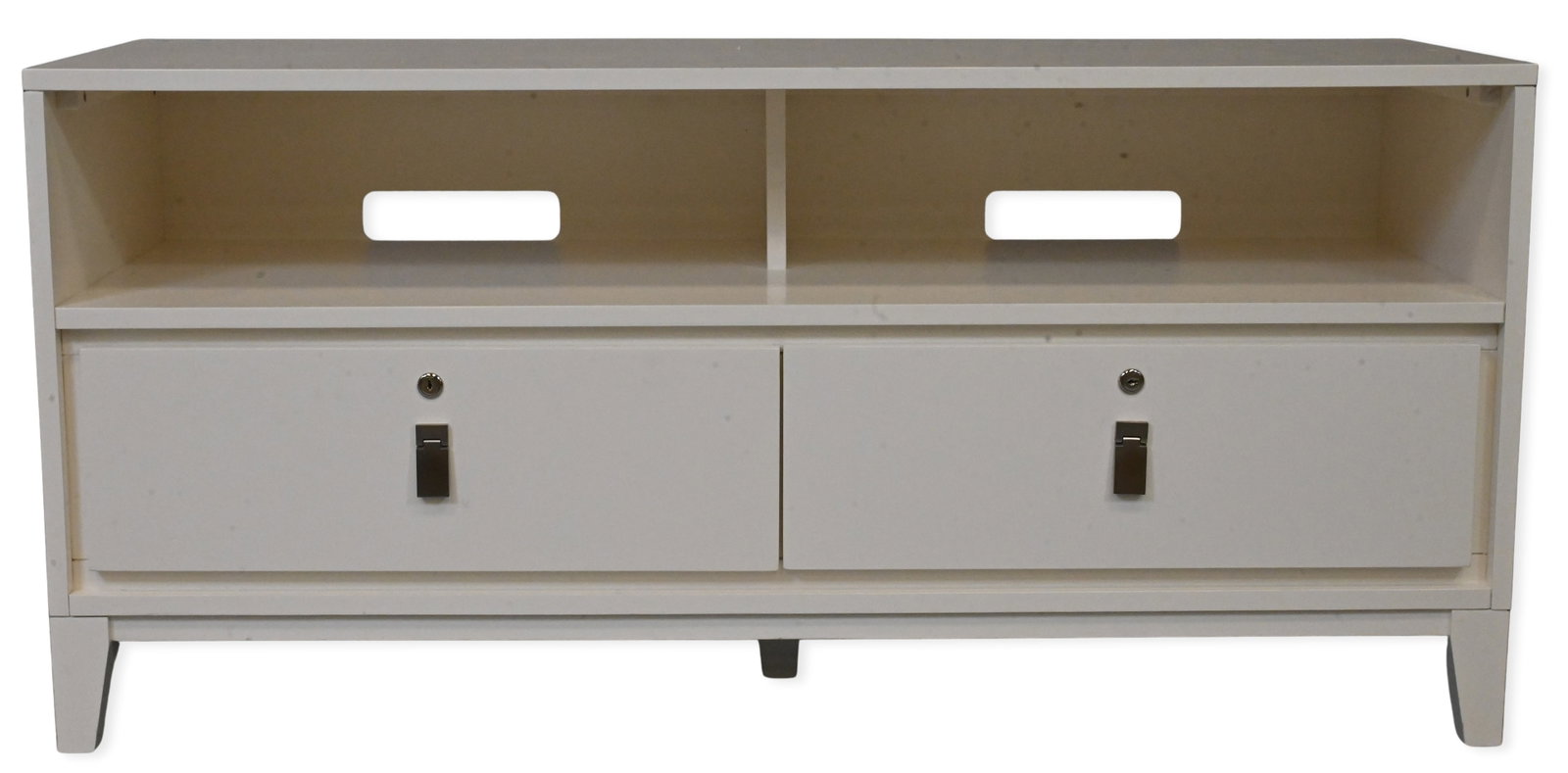 Lacquer Media Console: Lacquer Media Console having rectangular top over two open shelves, two drawers, chrome hardware, raised on square legs height 24 inches, top 18" x 51"