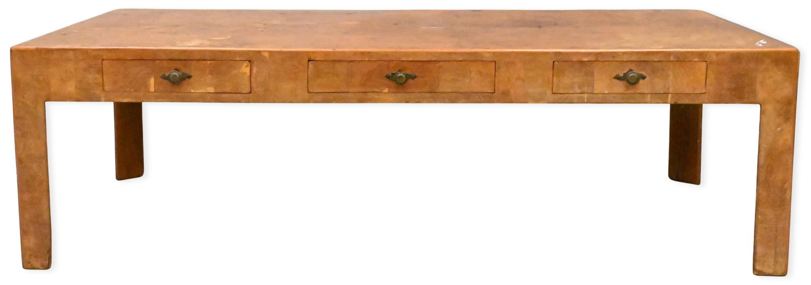 Burlwood Coffee Table: Burlwood Coffee Table having rectangular top over three drawers, set on angled legs height 16 inches, top 27 1/4" x 54 1/2"