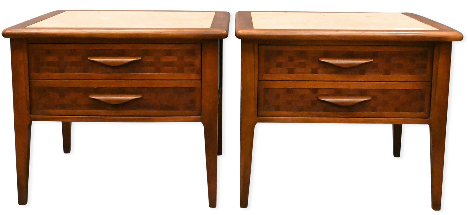 Pair of Mid-Century Modern End Tables: Pair of Mid-Century Modern End Tables having stone top insert, basketweave style front drawers height 20 inches, top 24" x 24"