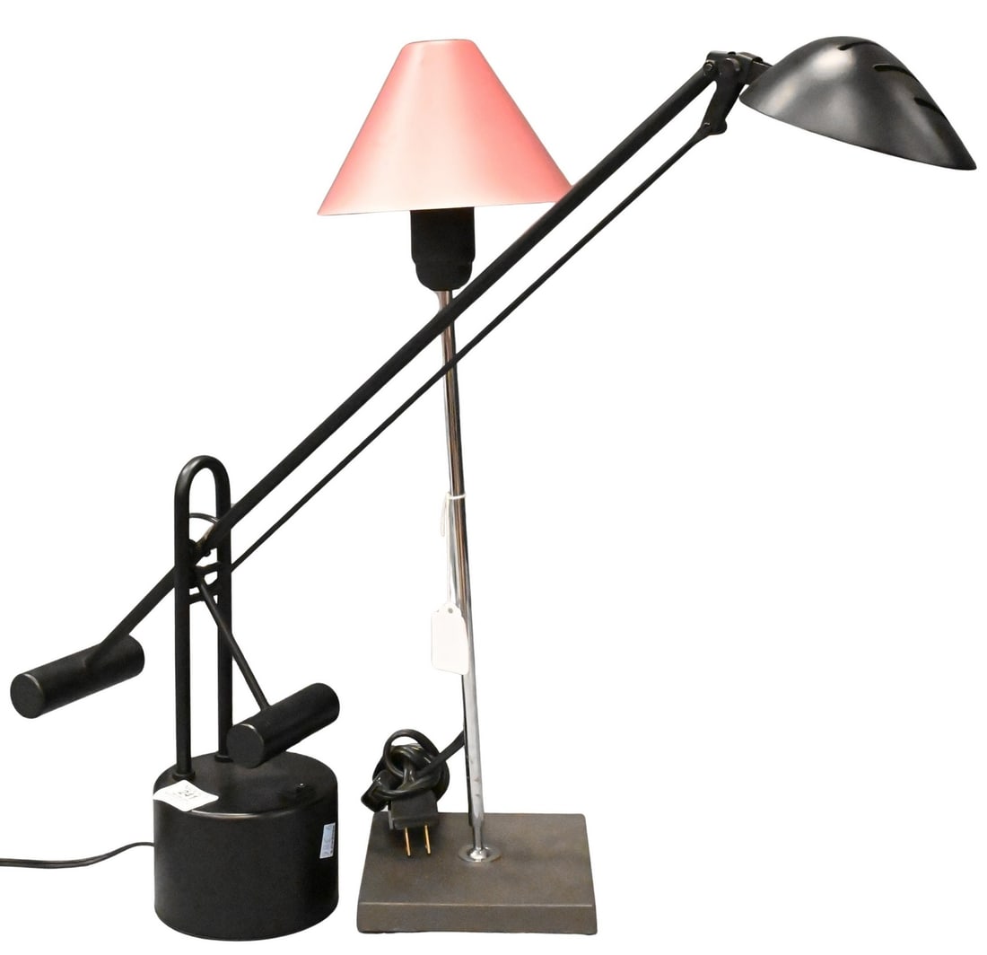 Two Piece Table Lamp Lot: Two Piece Table Lamp Lot to include Gira table lamp by Ferrer, Massana & Tremoleda for Mobles 114, Spain, 1970s, pink enameled aluminum, height 22 inches, along with Underwriters Laboratories