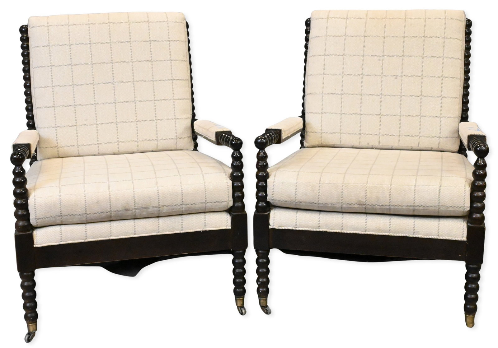 Pair of Marquise Upholstered Bobbin / Spool Chairs: Pair of Marquise Upholstered Bobbin / Spool Chairs having front legs set on brass casters height 38 inches, seat height 18 inches, width 28 inches, depth 30 inches