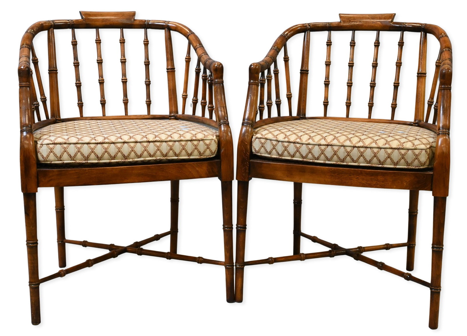 Pair of Hollywood Regency Bamboo Armchairs: Pair of Hollywood Regency Bamboo Armchairs having X stretcher base and caned seats (seats as is) height 37 3/4 inches, width 22 inches