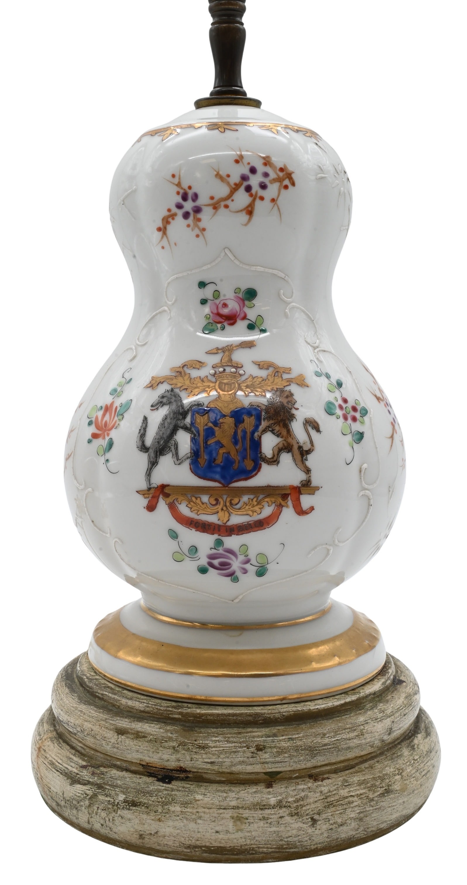 Chinese Armorial Export Porcelain Table Lamp: Chinese Armorial Export Porcelain Table Lamp the baluster or gourd form body decorated in famille rose enamels and gilt highlights featuring floral sprays and a heraldic coat of arms, raised on a