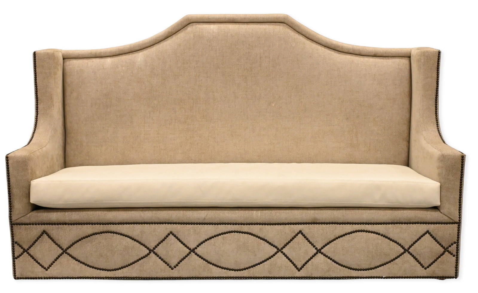 Upholstered Bench: Upholstered Bench having high shaped back, loose leather cushion, having tack motif to surround base height 48 inches, length 77 inches