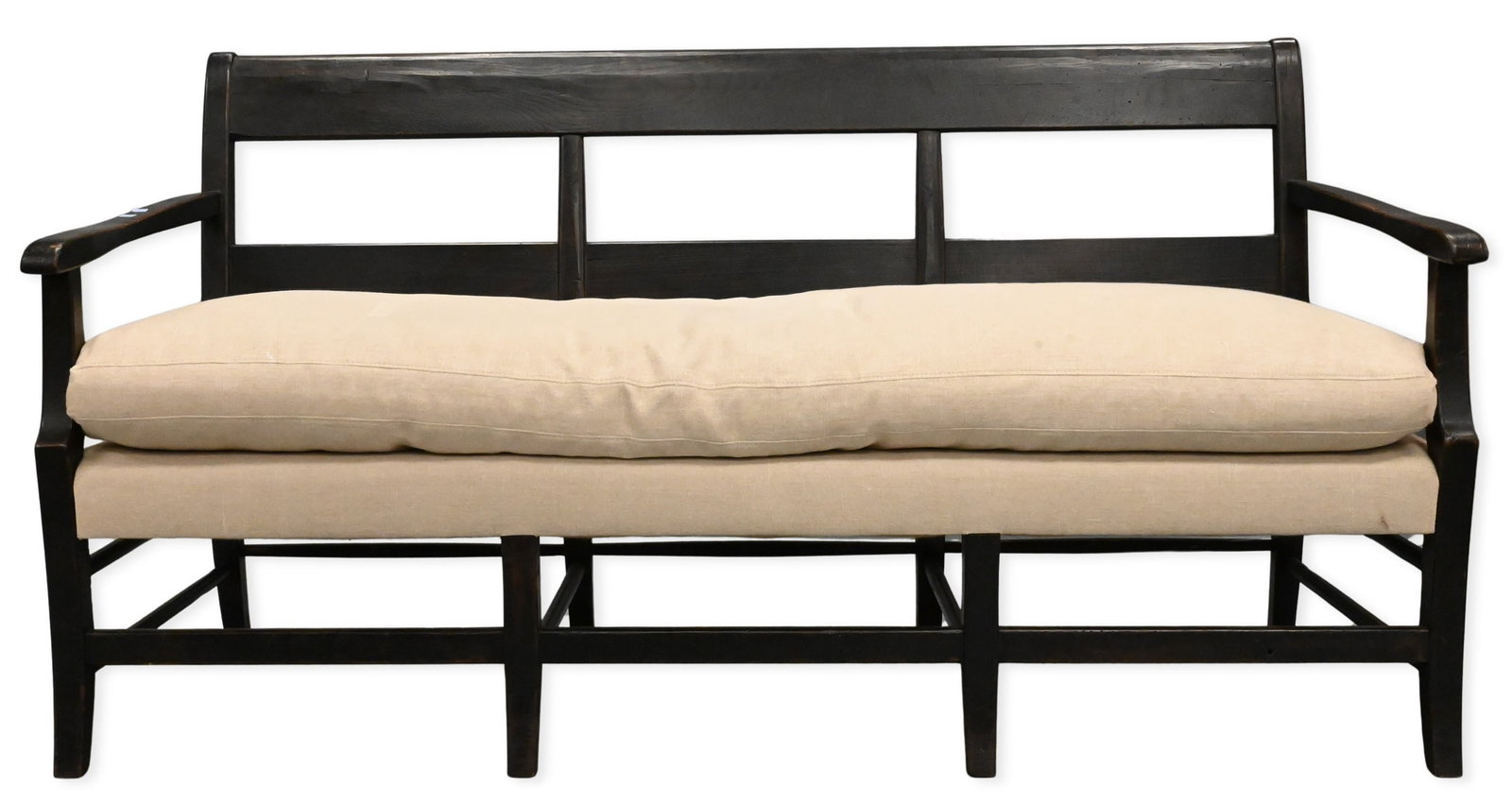 Painted Century Bench: Painted Century Bench having custom upholstered down filled cushion, set on stretcher base height 36 inches, length 71 inches, depth 24 inches
