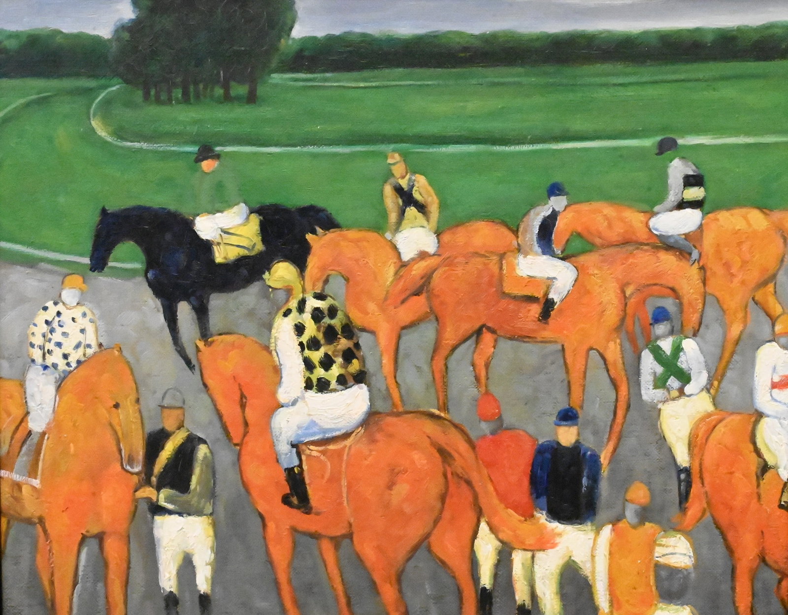 After Andre Brasilier (French, B.1929): After Andre Brasilier (French, B.1929) "Avant la Course" Oil on canvas reproduction painting depicting horses and jockeys preparing for their race Signed and dated verso Gasbarro '94 16" x 20" canvas