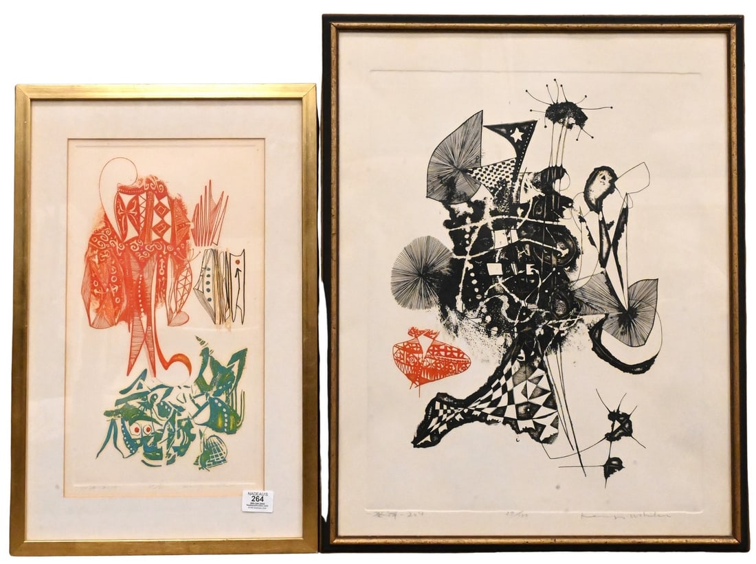 Two: Kenji Ushiku (Japanese, 1922 - 2012): Two: Kenji Ushiku (Japanese, 1922 - 2012) Abstract Figures in Black and White Aquatint etching, edition 27/125 Signed lower right 21" x 16 1/2" sight Abstract Composition in Red and Green Aquatint