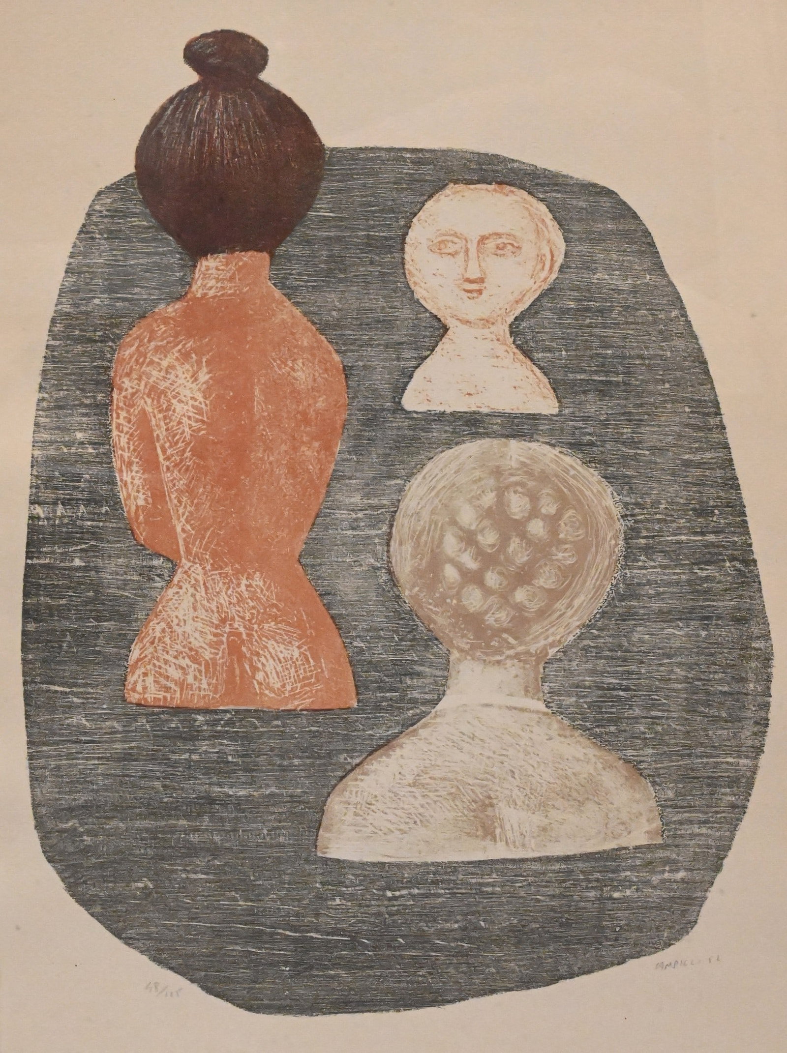 Massimo Campigli (Italian, 1895–1971): Massimo Campigli (Italian, 1895–1971) "Donne a Ischia," 1952 Color lithograph, edition 48/125, depicting stylized female figures Pencil signed and dated lower right Campigli '52 20" x 14" sight