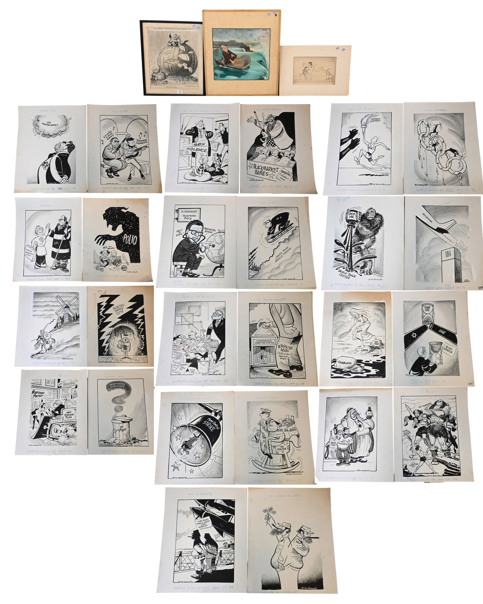 105 Dick Hodgins (American 20th Century), Original Editorial Cartoons: 105 Dick Hodgins (American 20th Century), Original Editorial Cartoons Eleven original pen and ink editorial cartoons on illustration board, dated circa 1968–1974, addressing Vietnam War
