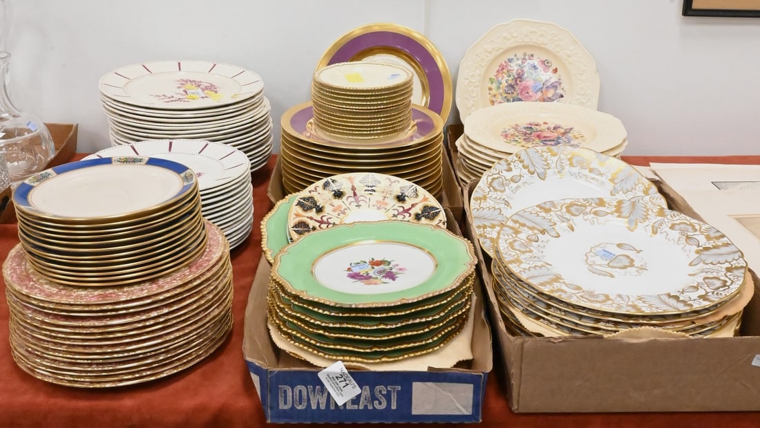 Group of Partial Porcelain Plate Sets: Group of Partial Porcelain Plate Sets to include Set of twelve Pirkenhammer Czechoslovakia porcelain plates decorated in purple and gilt; set of eleven Rockingham Reproduction Grosvenor "Inverness"
