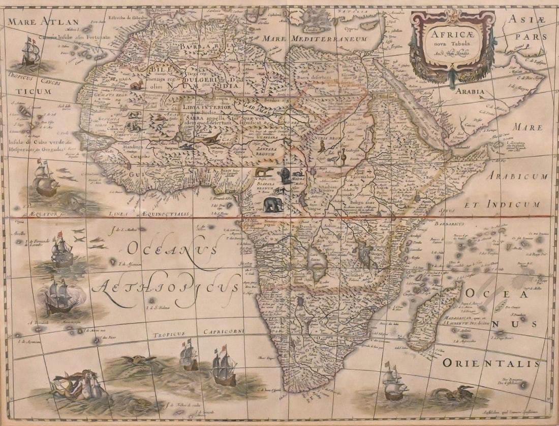 Henricus Hondius (Dutch, 1597–1651): Henricus Hondius (Dutch, 1597–1651) "Africa Nova Tabula" Hand-colored copperplate engraved map of Africa, published in Amsterdam by Johannes Janssonius, circa 1638–1658, after the map by Henricus 