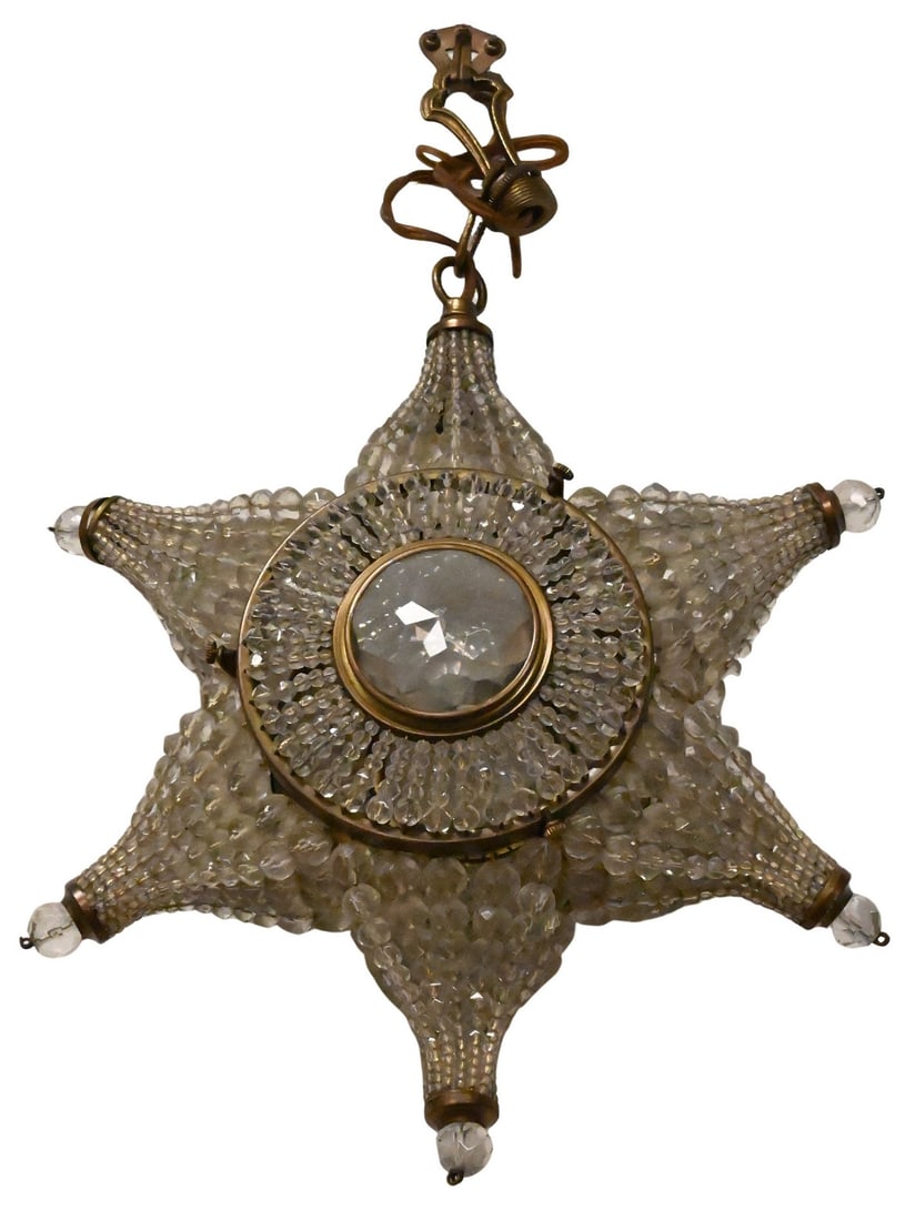 Hollywood Regency Star-Form Pendant Light: Hollywood Regency Star-Form Pendant Light having a brass framework issuing six faceted crystal bead points centered by a large faceted crystal roundel, each point terminating in a faceted crystal
