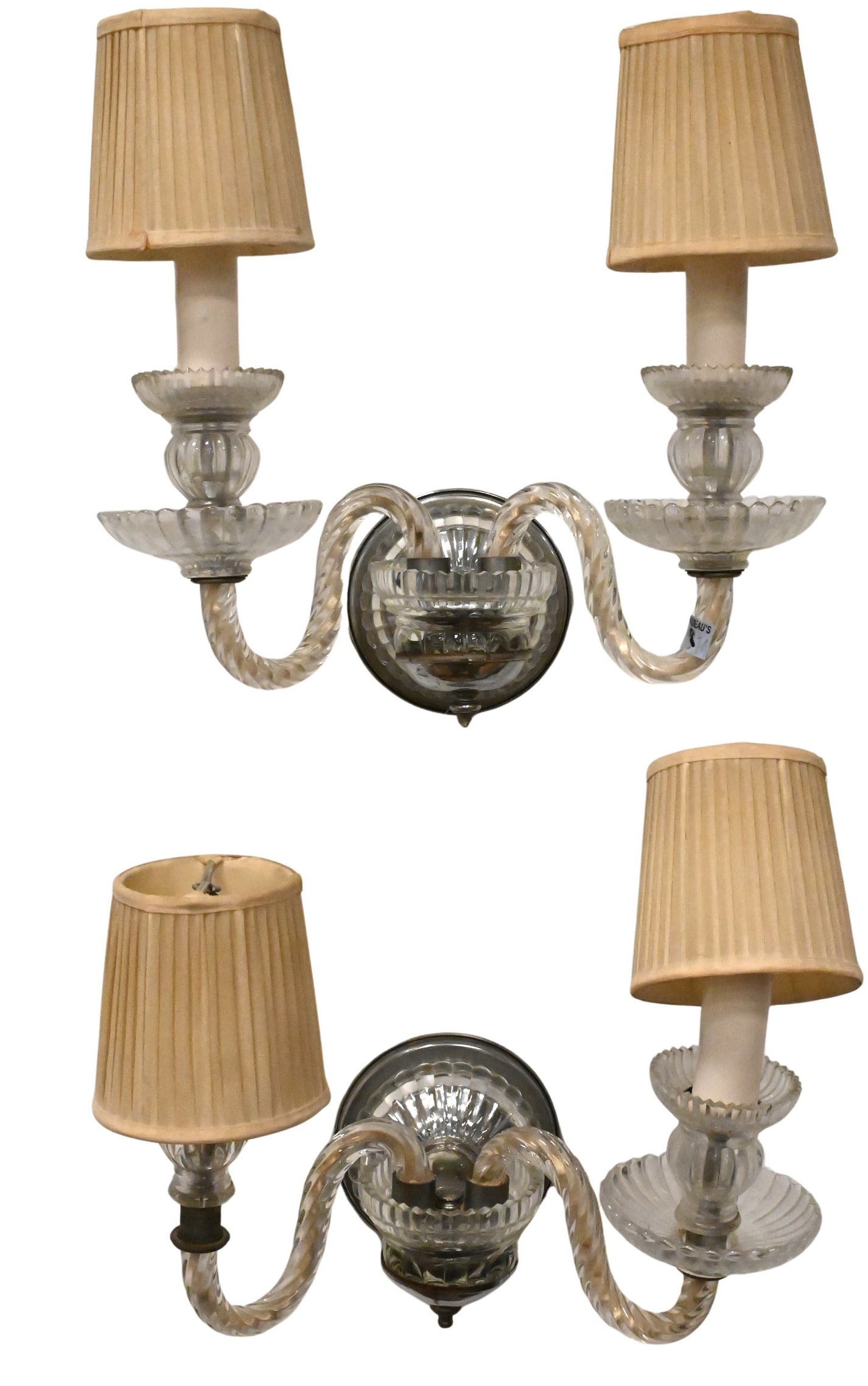 Attributed to Baccarat Pair of Crystal Two-Light Wall Sconces: Attributed to Baccarat Pair of Crystal Two-Light Wall Sconces Having twisted crystal arms, ribbed bobeches, molded crystal standards and metal mounts depth 9 inches, width 12 inches