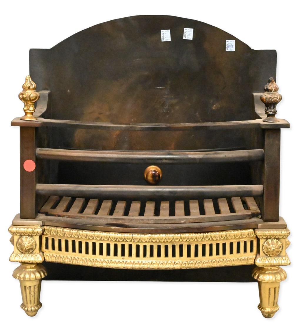 Victorian Cast Iron and Brass Fire Grate: Victorian Cast Iron and Brass Fire Grate having finials and openwork base ending in fluted legs height 19 1/2 inches, width 17 1/4 inches, depth 8 inches