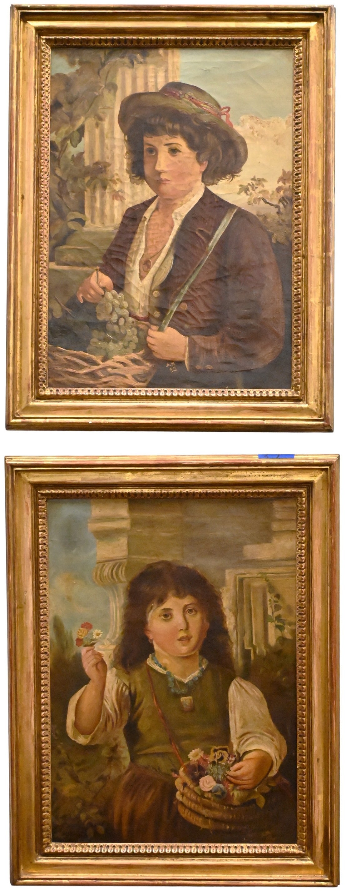 Three Framed European Portraits: Three Framed European Portraits to include Pair of Italian School (19th Century) Portraits One depicting a young girl holding a basket of flowers, the other depicting a young boy holding grapes, both
