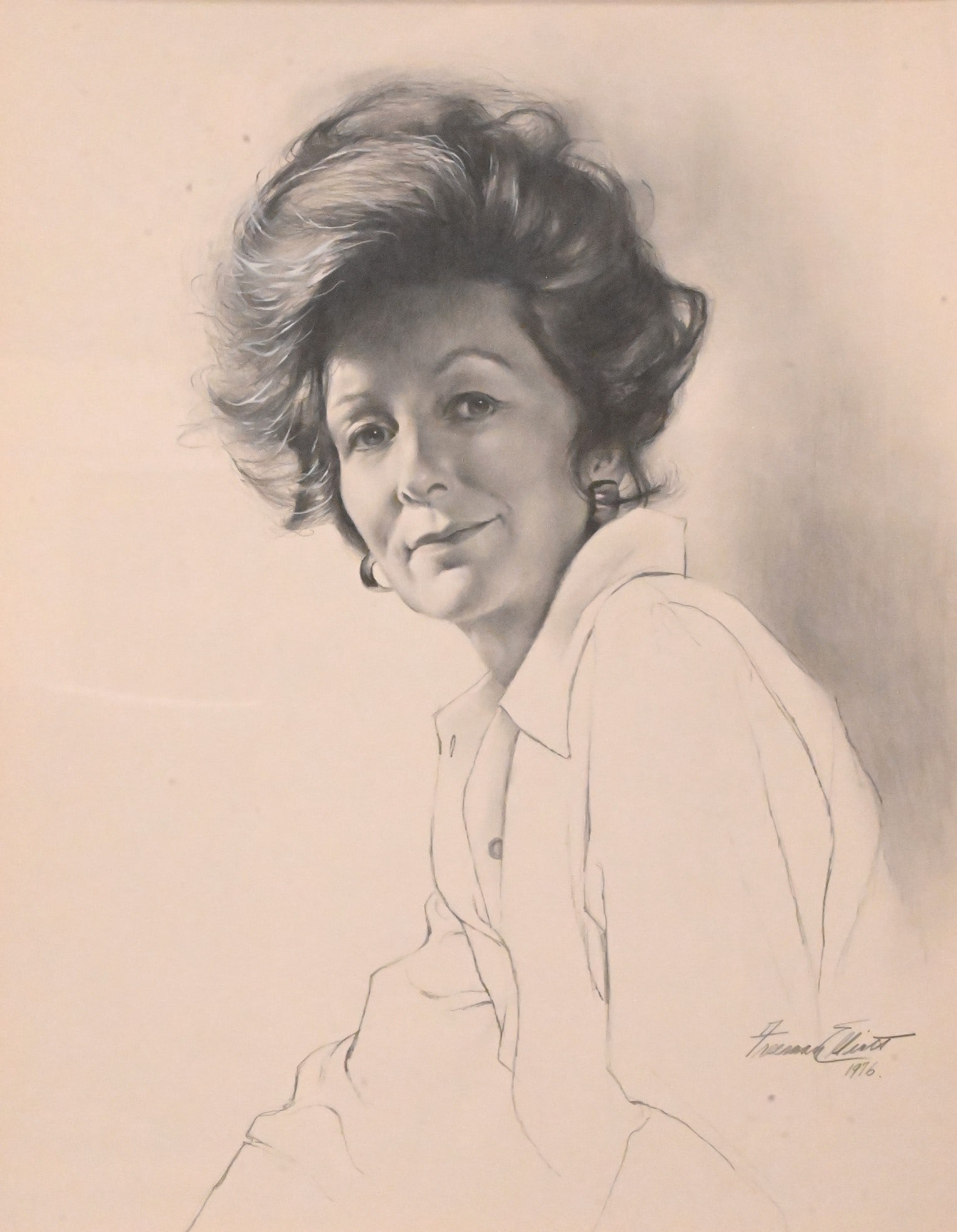 Freeman Elliott (American, 1922–1989): Freeman Elliott (American, 1922–1989) "Portrait of Coco", 1976 Pencil, charcoal on paper Signed and dated lower right Freeman Elliott 1976 25" x 19 1/2" sight Provenance: Dick and Caroline Lovelace