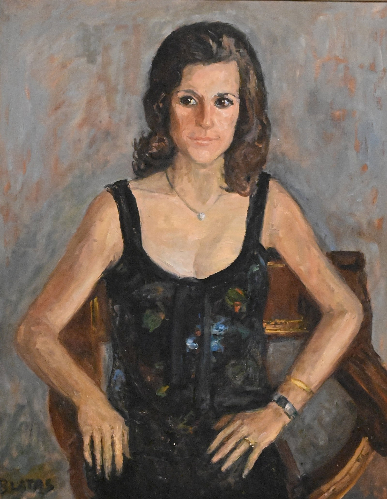 Arbit Blatas (Lithuanian/American, 1900-1999): Arbit Blatas (Lithuanian/American, 1900-1999) Portrait of a Seated Woman Oil on canvas depicting a brown-eyed brunette in an elegant dress seated in a campaign chair Signed lower left Blatas 36" x 28"