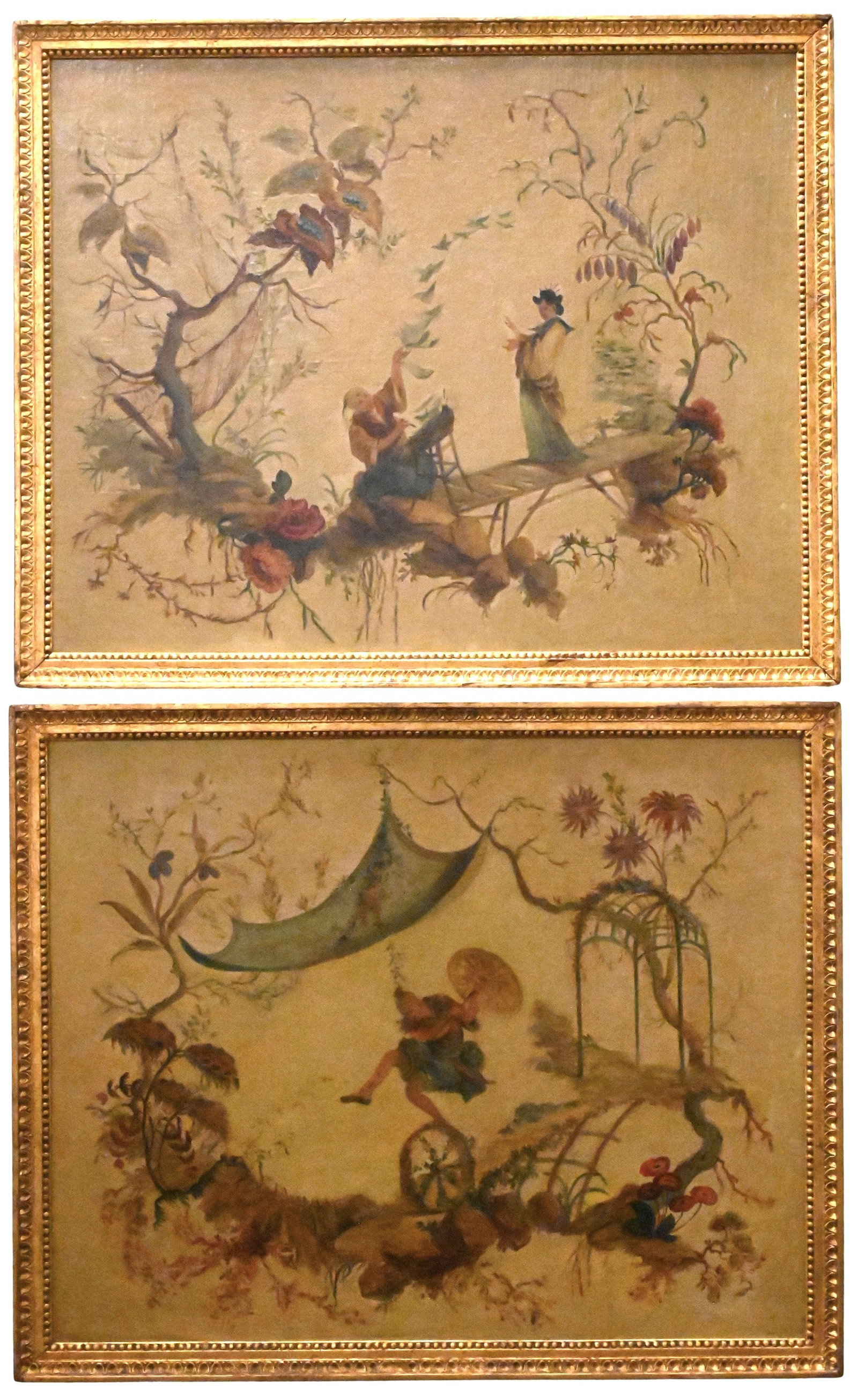 Pair of French Chinoiserie Painted Panels After Jean-Baptiste Pillement (French, 1728–1808): Pair of French Chinoiserie Painted Panels After Jean-Baptiste Pillement (French, 1728–1808) One depicting a man and woman crossing a bridge amid flowering branches, the other depicting a boy