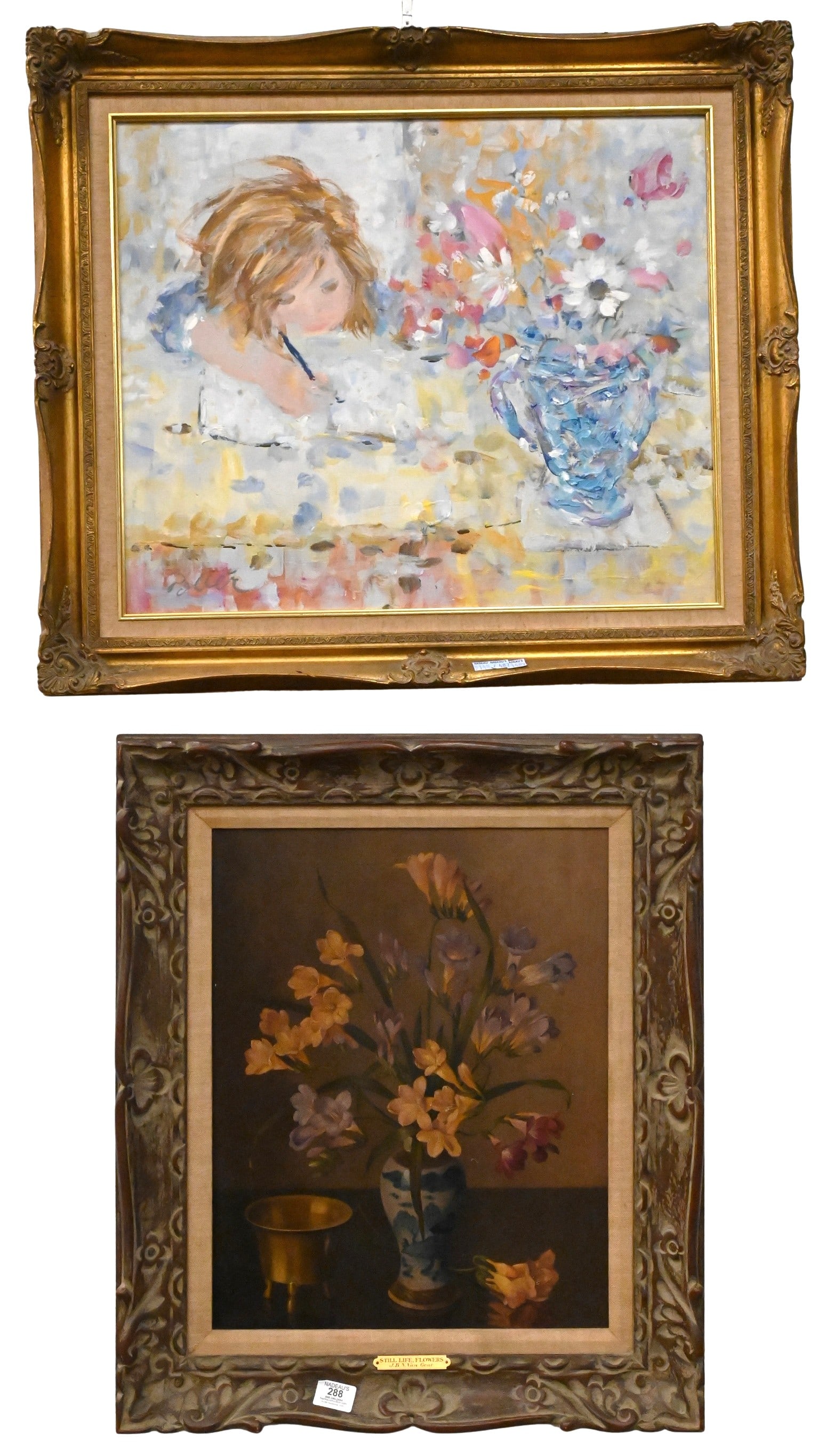 Two Framed Still Lifes: Two Framed Still Lifes to include Joannes Baptist Nicolaas van Gent (Dutch, 1891–1974) "Still Life of Flowers" Oil on canvas depicting a floral arrangement in a Chinese blue and white vase Signed