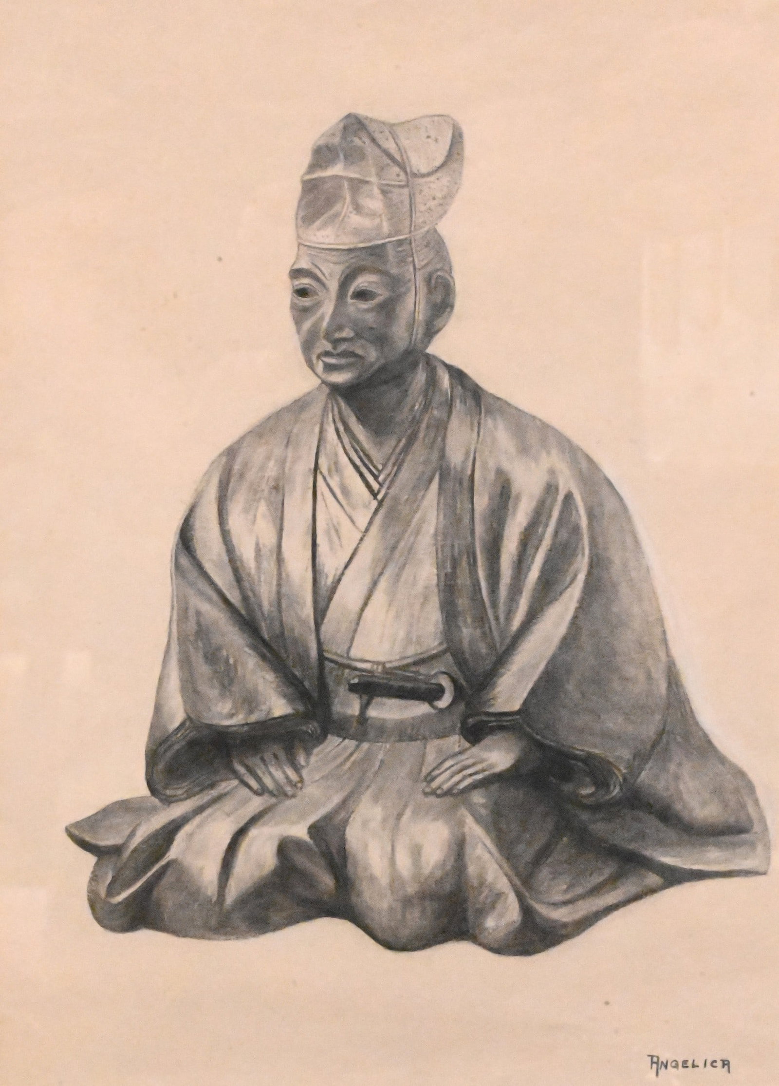 Angelica (20th/21st Century): Angelica (20th/21st Century) Seated Japanese Samurai Warrior Figure Graphite on paper Signed lower right Angelica 12" x 8 1/2" sight