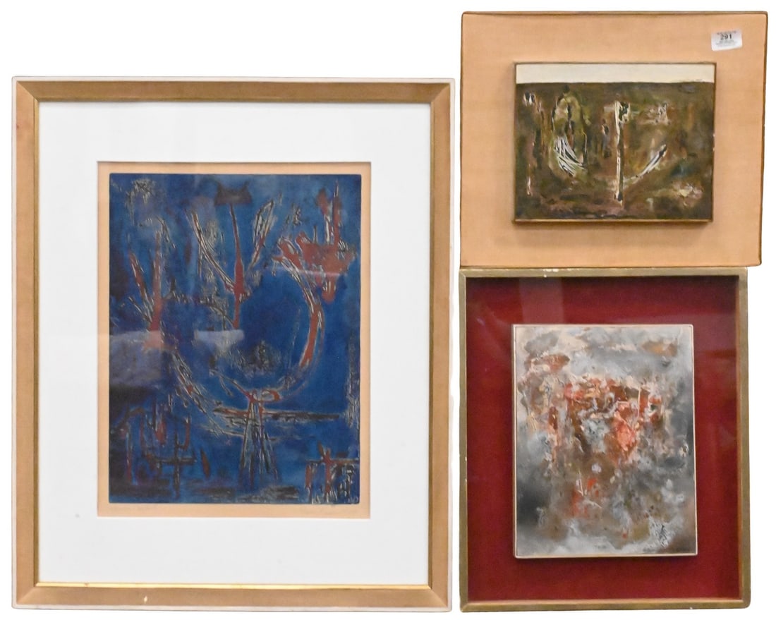 Three: Sam Kaner (American, 1924-1990): Three: Sam Kaner (American, 1924-1990) Green and Brown Composition with White Stripe, 1959 Oil on board Signed and dated upper right Sam Kaner 1959 7" x 10" board Gray and Red Abstract Oil on board