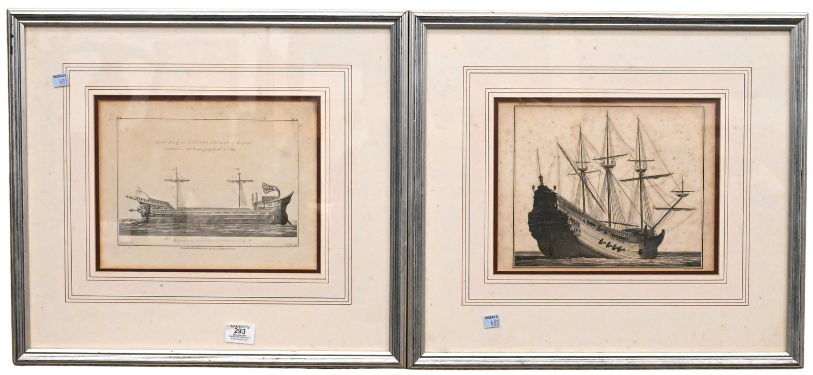 Two Framed Marine Engravings from John Charnock's A History of Marine Architecture: Two Framed Marine Engravings from John Charnock's A History of Marine Architecture to include one depicting Ancient Roman Galley, Vol. I, p. 72, and A Genoese Carrack, Vol. II, p. 7. Copperplate book
