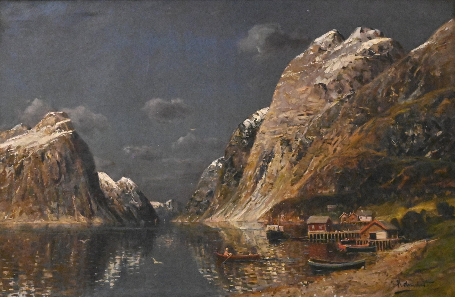 Johann Holmstedt (Norwegian 1851-1929): Johann Holmstedt (Norwegian 1851-1929) Fjord Landscape in Summer Oil on canvas Signed lower right J.Holmstedt 27" x 41" canvas