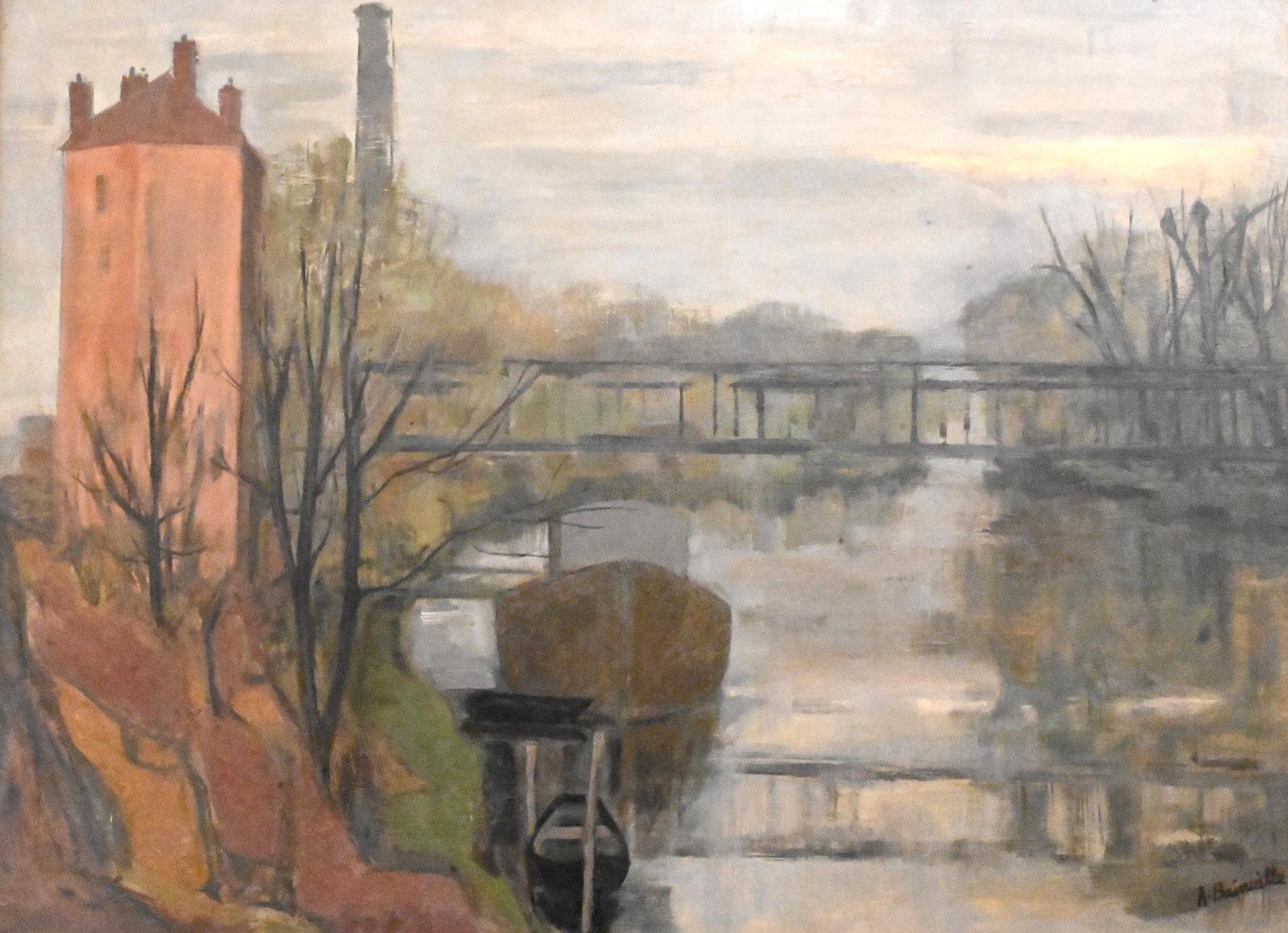 A. Bainville (French 20th Century): A. Bainville (French 20th Century) "La Seine a Issy-les-Moulineaux", 1968 Oil on canvas depicting the river Seine canal in Paris, France Signed lower right A.Bainville, inscribed verso 29" x 39 1/2"
