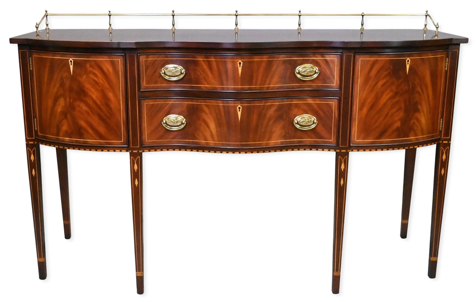 Henkel Harris Federal Style Sideboard: Henkel Harris Federal Style Sideboard having brass rail bellflower and line inlays, model #2367 height 42 inches, top 26" x 66"