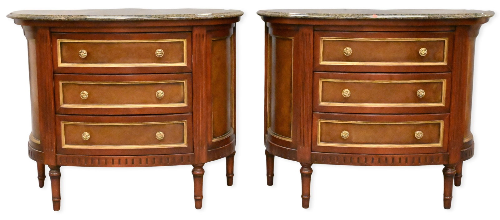 Pair of Louis XVI Style Marble Top Demilune Commodes (1 of 7)