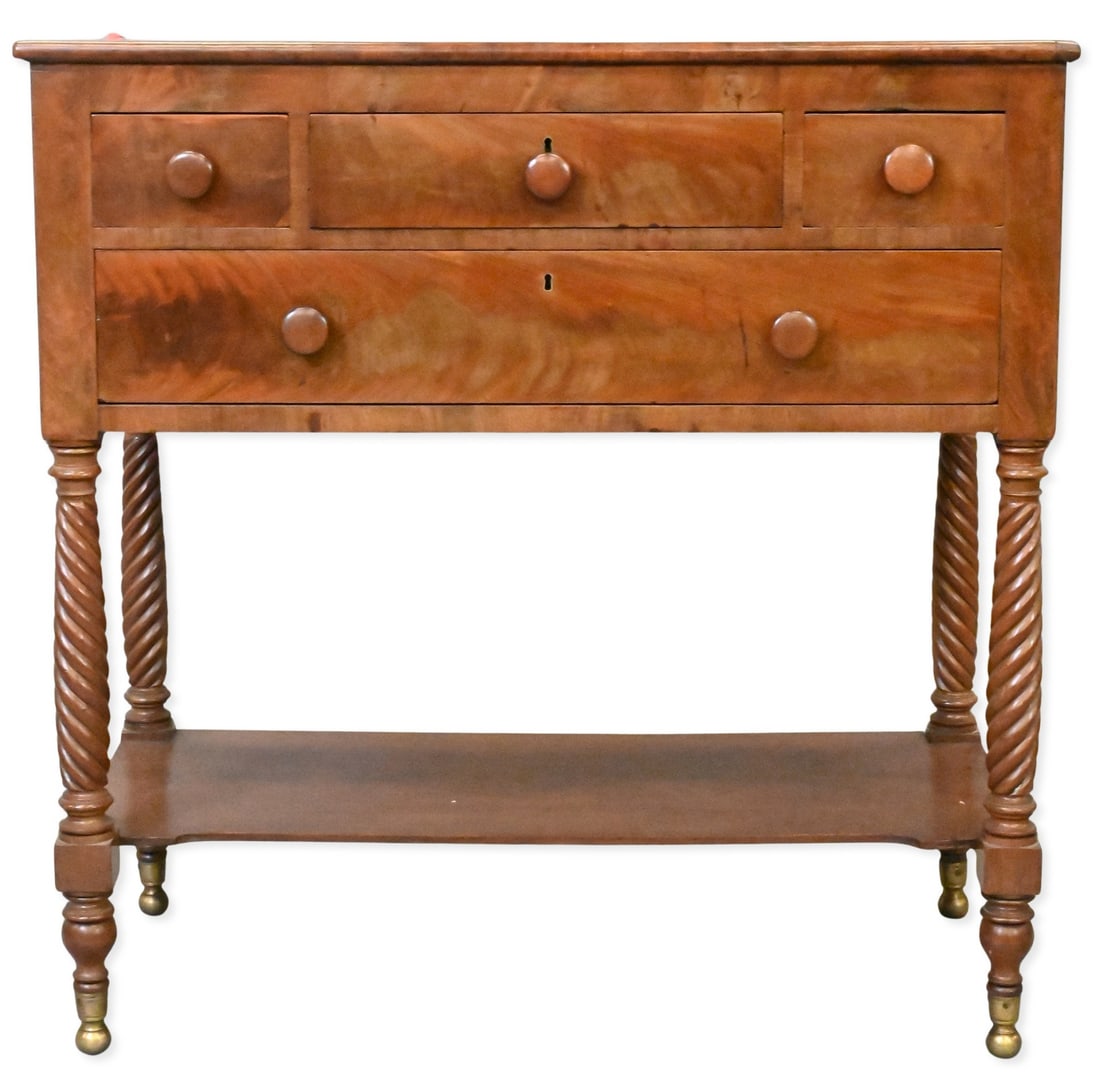 Sheraton Mahogany Server: Sheraton Mahogany Server three short drawers over one long dresser set on high barley twist legs, circa 1830 height 37 inches, top 19" x 37"
